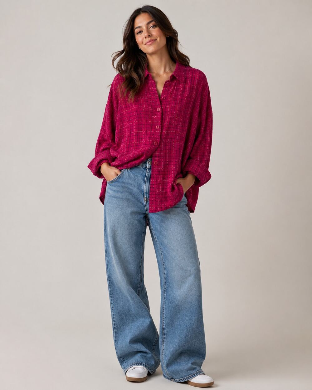 Habitat Pink Plaid Button Down Shirt Womens S Oversized Lagenlook Casual Artsy